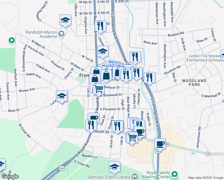map of restaurants, bars, coffee shops, grocery stores, and more near 49 Church Street in Front Royal
