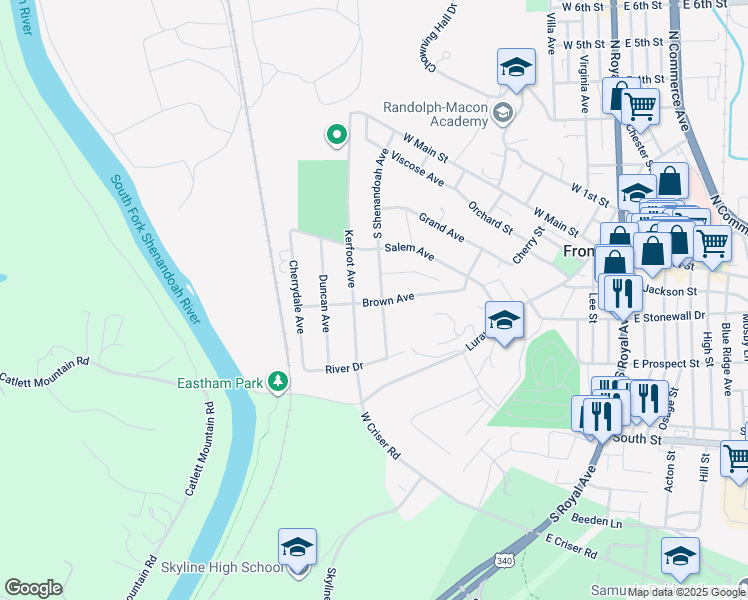map of restaurants, bars, coffee shops, grocery stores, and more near 525 Brown Avenue in Front Royal