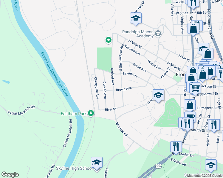 map of restaurants, bars, coffee shops, grocery stores, and more near 331 Kerfoot Avenue in Front Royal