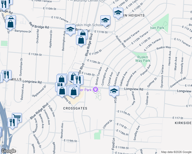 map of restaurants, bars, coffee shops, grocery stores, and more near 11406 Bristol Terrace in Kansas City