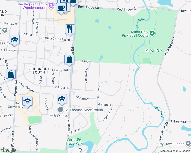 map of restaurants, bars, coffee shops, grocery stores, and more near 11528 Troost Avenue in Kansas City