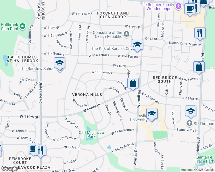 map of restaurants, bars, coffee shops, grocery stores, and more near 313 Avila Circle in Kansas City