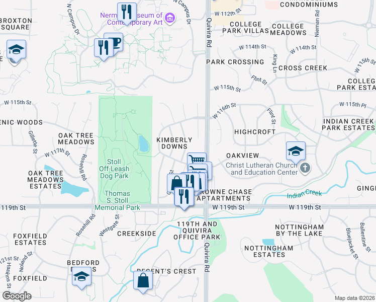 map of restaurants, bars, coffee shops, grocery stores, and more near 12020 West 117th Terrace in Overland Park