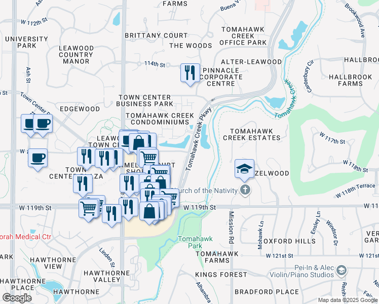 map of restaurants, bars, coffee shops, grocery stores, and more near 11605 J Tomahawk Creek Parkway in Leawood