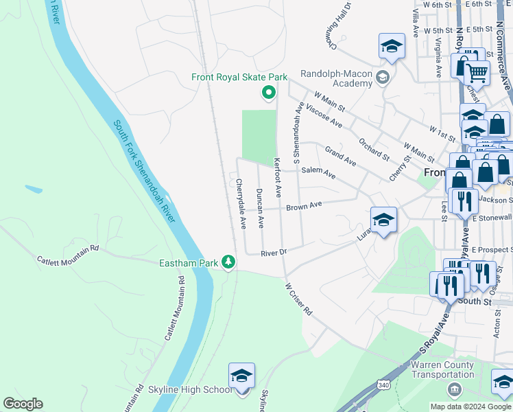 map of restaurants, bars, coffee shops, grocery stores, and more near 335 Duncan Avenue in Front Royal