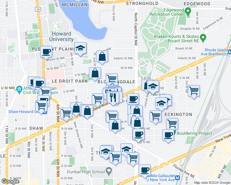 map of restaurants, bars, coffee shops, grocery stores, and more near 1927 1st Street Northwest in Washington