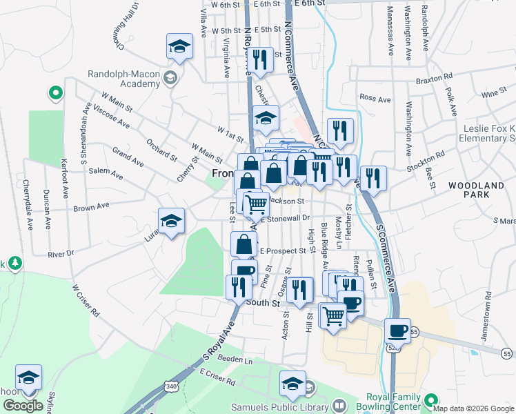 map of restaurants, bars, coffee shops, grocery stores, and more near 122A South Royal Avenue in Front Royal