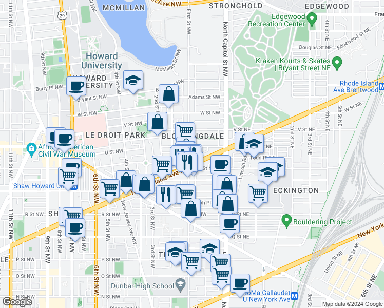 map of restaurants, bars, coffee shops, grocery stores, and more near 1927 1st Street Northwest in Washington
