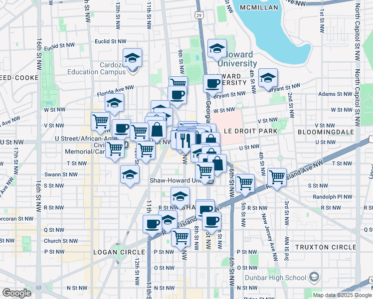 map of restaurants, bars, coffee shops, grocery stores, and more near 1932 9th Street Northwest in Washington