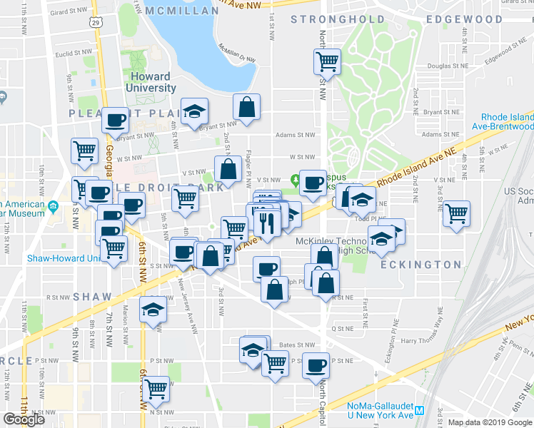 map of restaurants, bars, coffee shops, grocery stores, and more near 1928 1st Street Northwest in Washington