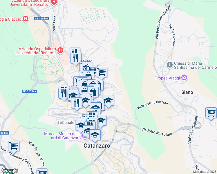 map of restaurants, bars, coffee shops, grocery stores, and more near 17 Via Luigi Pascali in Catanzaro