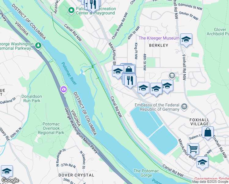 map of restaurants, bars, coffee shops, grocery stores, and more near 4928 Reservoir Road Northwest in Washington