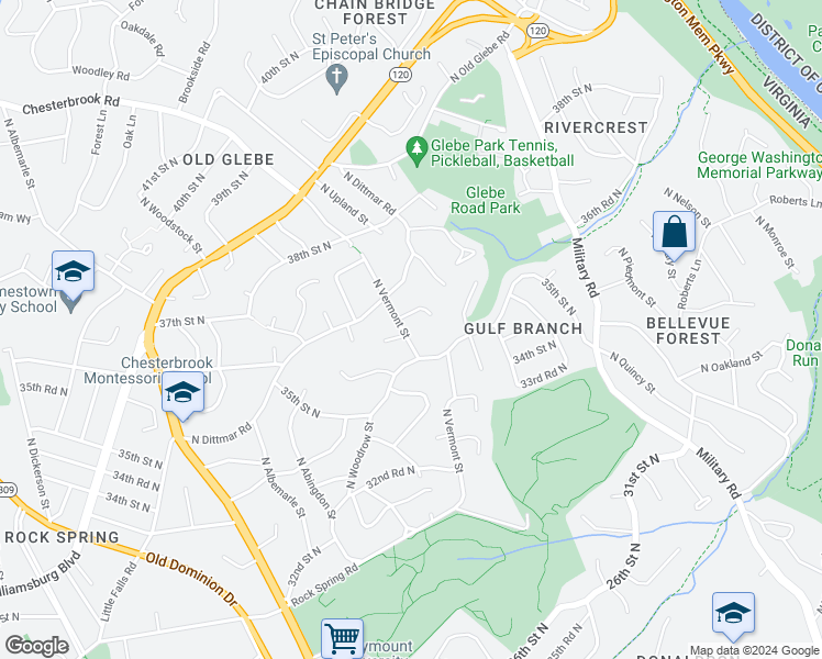 map of restaurants, bars, coffee shops, grocery stores, and more near 3625 North Vermont Street in Arlington