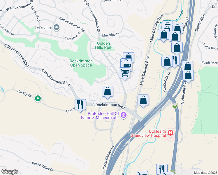 map of restaurants, bars, coffee shops, grocery stores, and more near 109 Wild Grass Way in Colorado Springs