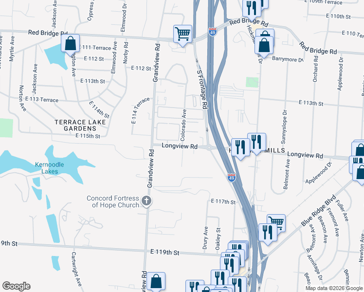 map of restaurants, bars, coffee shops, grocery stores, and more near 11660 Colorado Avenue in Kansas City