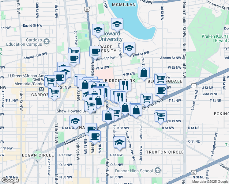 map of restaurants, bars, coffee shops, grocery stores, and more near 500 U Street Northwest in Washington