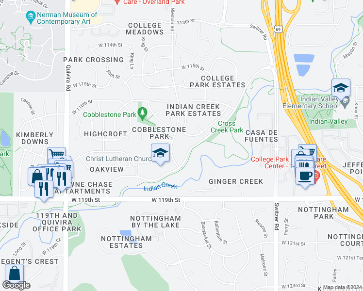 map of restaurants, bars, coffee shops, grocery stores, and more near 11701 Nieman Road in Overland Park