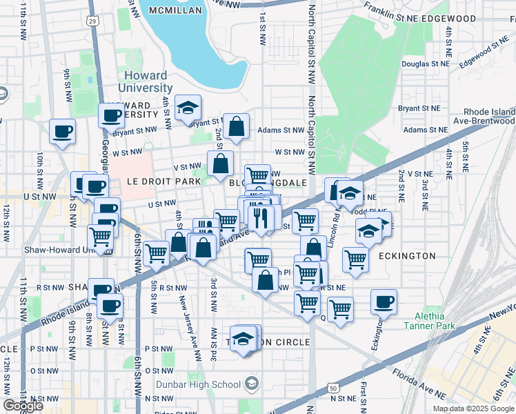 map of restaurants, bars, coffee shops, grocery stores, and more near 1928 1st Street Northwest in Washington