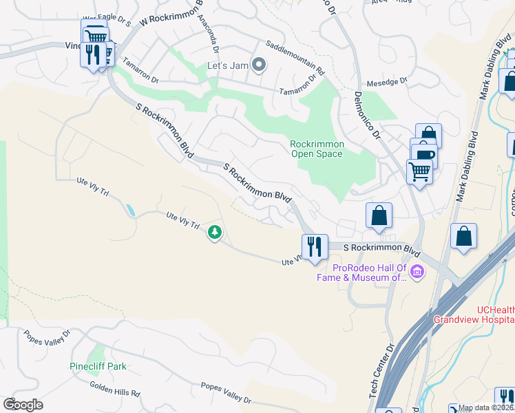 map of restaurants, bars, coffee shops, grocery stores, and more near 5750 Pale Rock Terrace in Colorado Springs