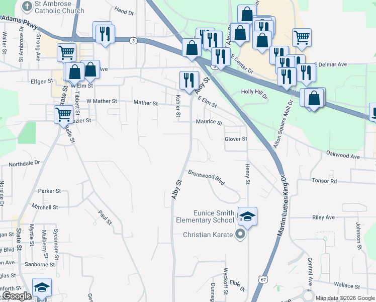 map of restaurants, bars, coffee shops, grocery stores, and more near 3101 Alby Street in Alton
