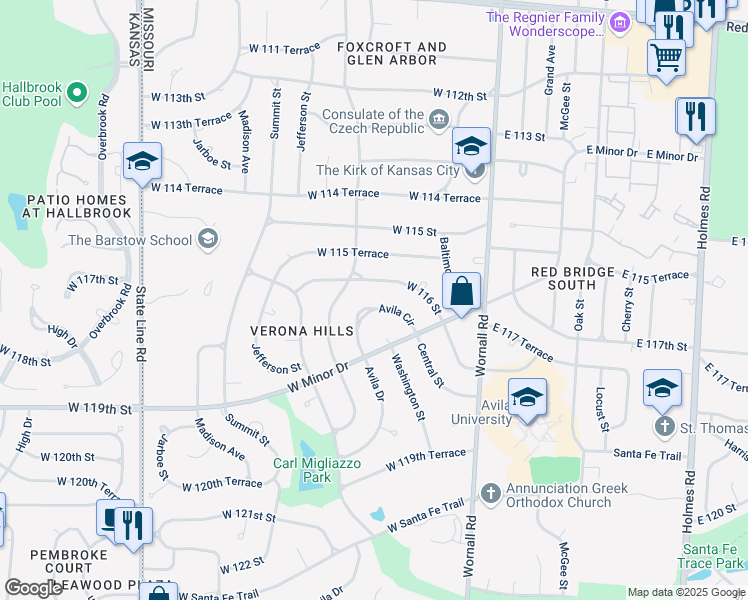 map of restaurants, bars, coffee shops, grocery stores, and more near 313 Avila Circle in Kansas City