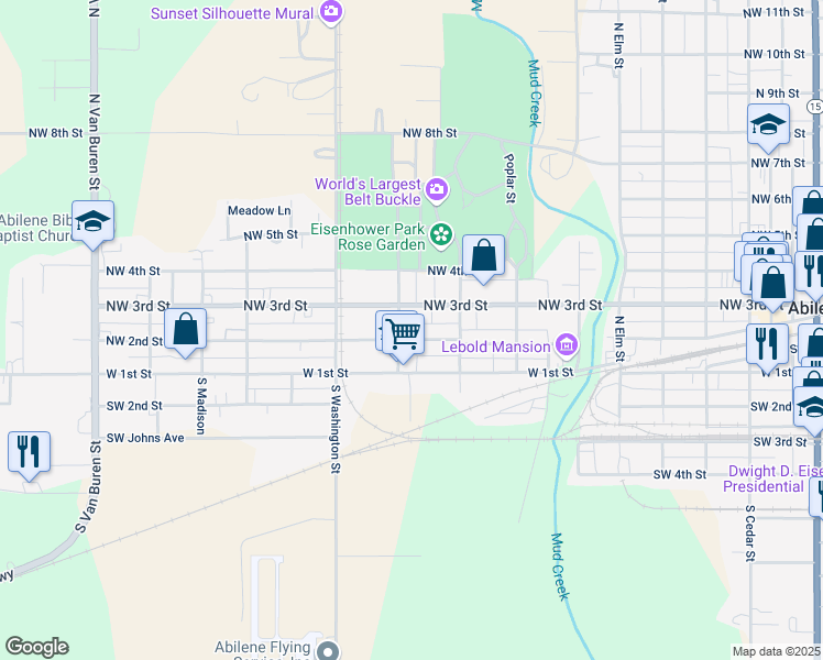 map of restaurants, bars, coffee shops, grocery stores, and more near 1021 NW 2nd St in Abilene