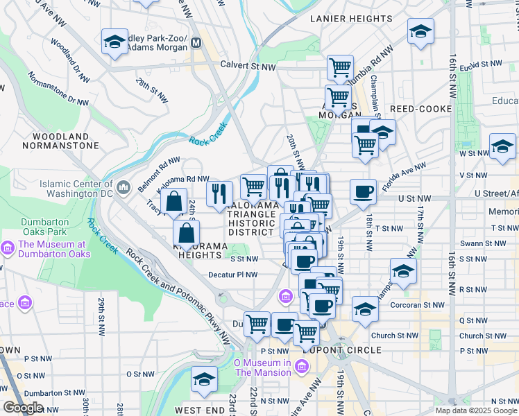 map of restaurants, bars, coffee shops, grocery stores, and more near 2145 California Street Northwest in Washington
