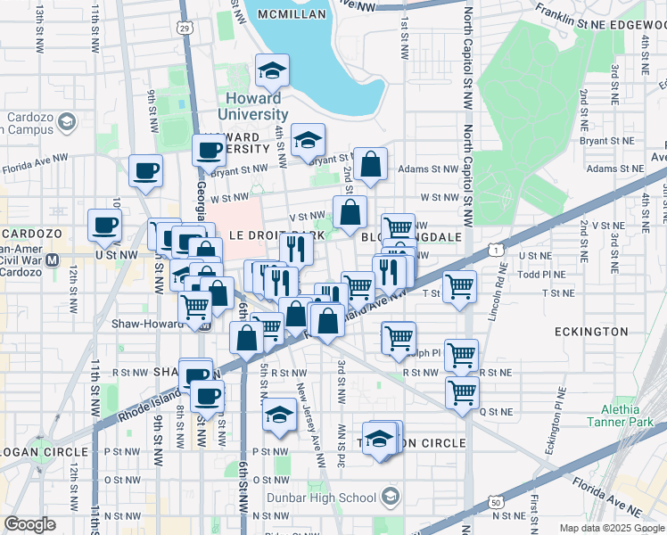 map of restaurants, bars, coffee shops, grocery stores, and more near 101 Independence Avenue Southeast in Washington