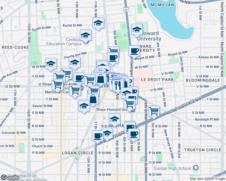 map of restaurants, bars, coffee shops, grocery stores, and more near 1932 9th Street Northwest in Washington