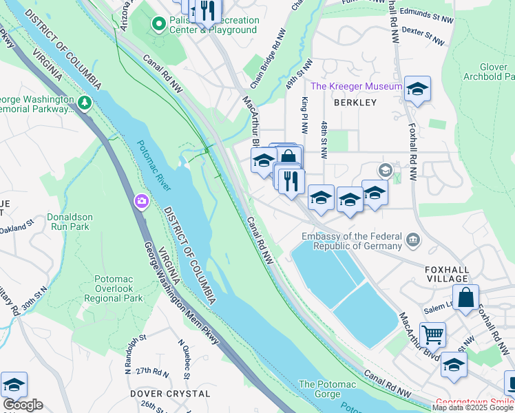 map of restaurants, bars, coffee shops, grocery stores, and more near 4928 Reservoir Road Northwest in Washington