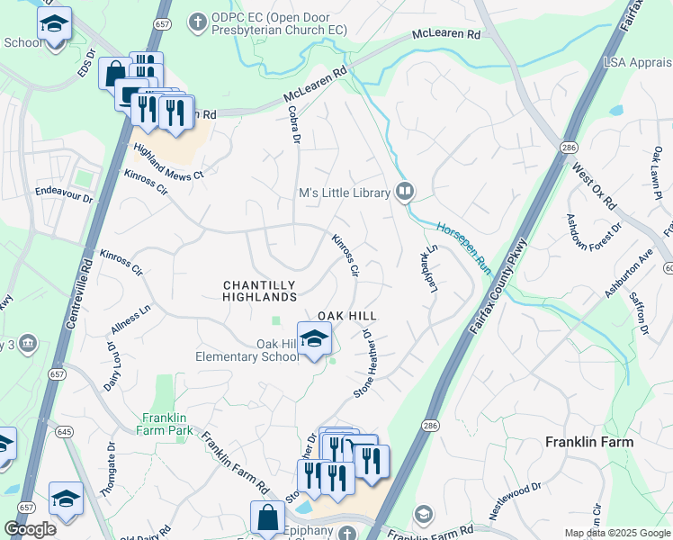 map of restaurants, bars, coffee shops, grocery stores, and more near 13337 Scotsmore Way in Herndon