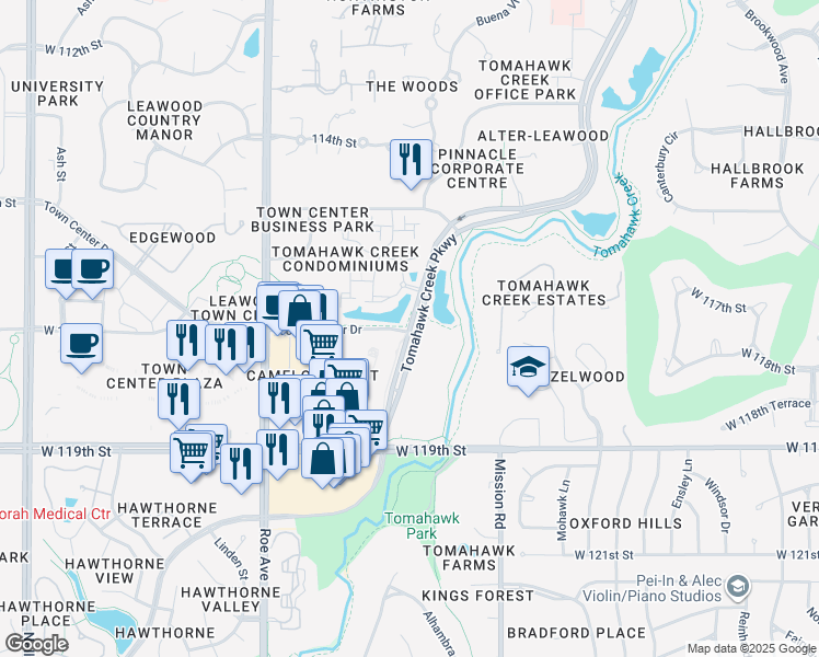 map of restaurants, bars, coffee shops, grocery stores, and more near 11614 Tomahawk Creek Parkway in Leawood
