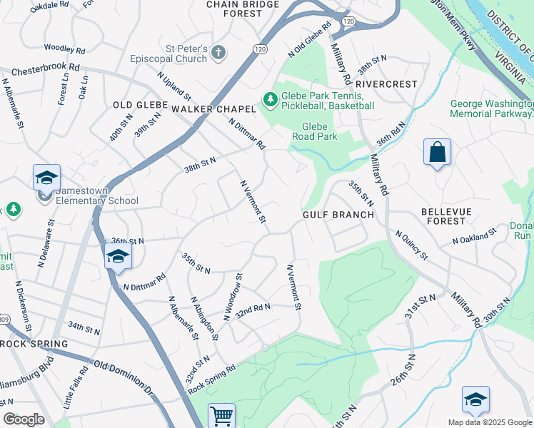 map of restaurants, bars, coffee shops, grocery stores, and more near 3625 North Vermont Street in Arlington