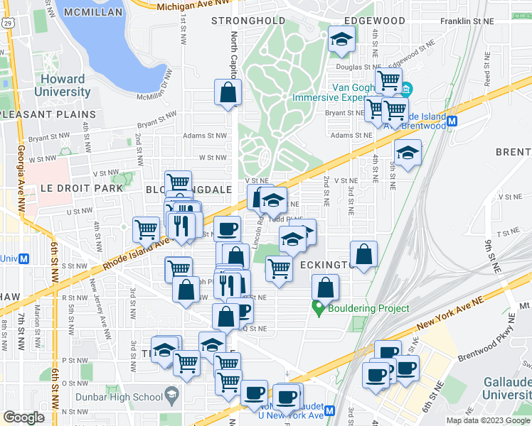 map of restaurants, bars, coffee shops, grocery stores, and more near 1933 Lincoln Road Northeast in Washington
