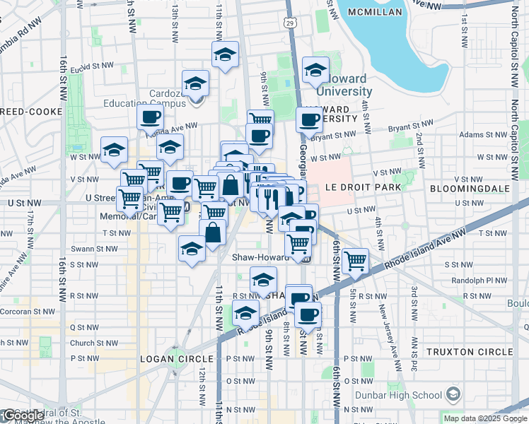 map of restaurants, bars, coffee shops, grocery stores, and more near 101 Independence Avenue Southeast in Washington