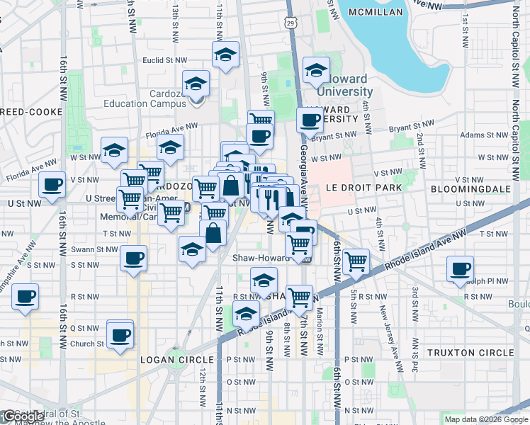 map of restaurants, bars, coffee shops, grocery stores, and more near 1934 9th Street Northwest in Washington
