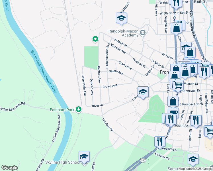 map of restaurants, bars, coffee shops, grocery stores, and more near 525 Brown Avenue in Front Royal