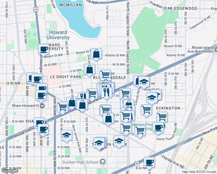 map of restaurants, bars, coffee shops, grocery stores, and more near 101 Independence Avenue Southeast in Washington