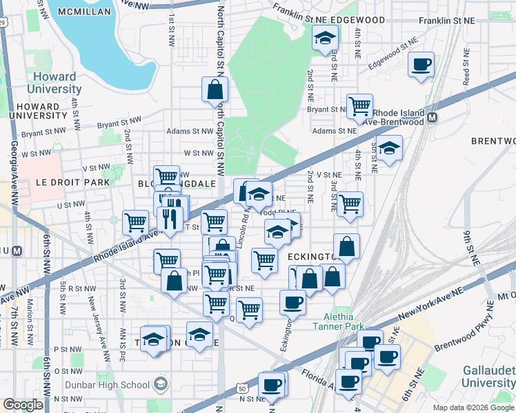 map of restaurants, bars, coffee shops, grocery stores, and more near 101 Independence Avenue Southeast in Washington