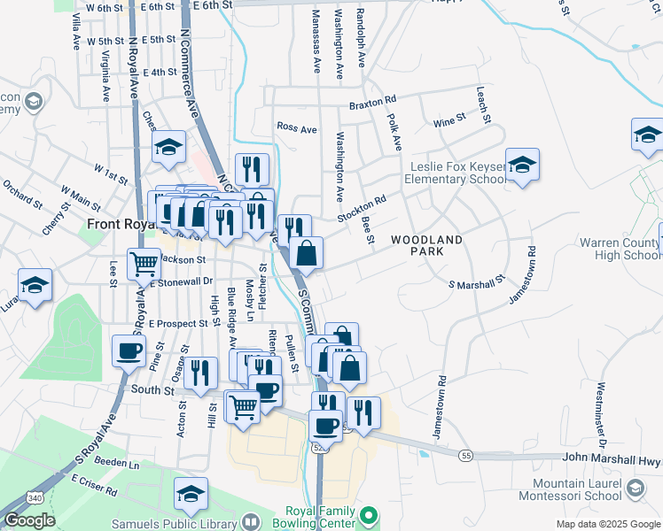 map of restaurants, bars, coffee shops, grocery stores, and more near 101 Thehill in Front Royal