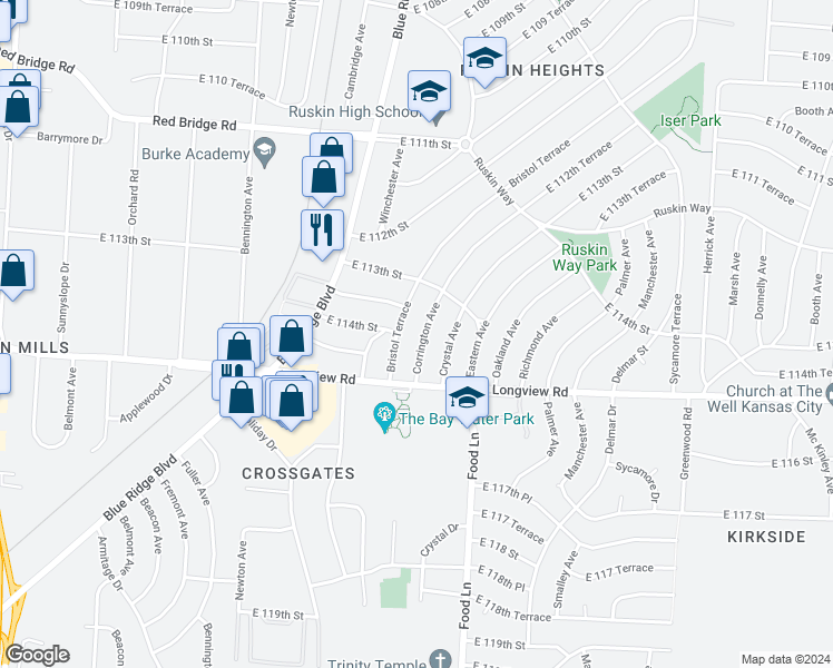 map of restaurants, bars, coffee shops, grocery stores, and more near 11402 Corrington Avenue in Kansas City