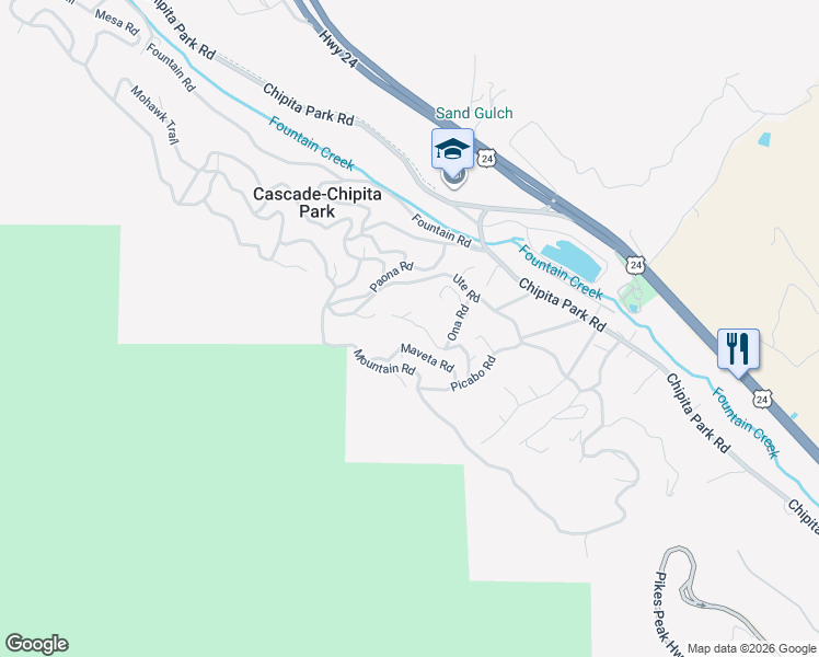 map of restaurants, bars, coffee shops, grocery stores, and more near 9370 Maveta Road in Cascade-Chipita Park