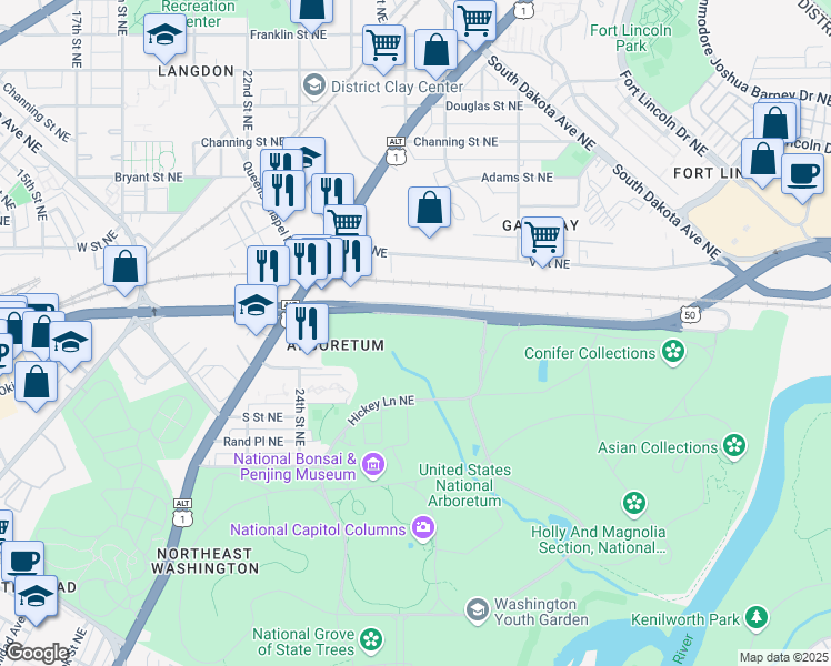 map of restaurants, bars, coffee shops, grocery stores, and more near 101 Independence Avenue Southeast in Washington