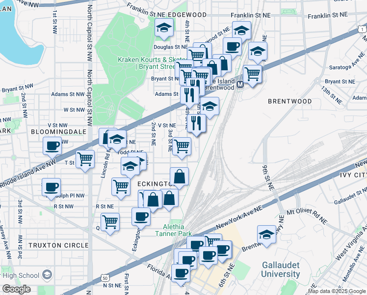 map of restaurants, bars, coffee shops, grocery stores, and more near 101 Independence Avenue Southeast in Washington