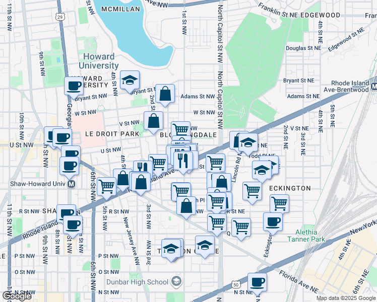 map of restaurants, bars, coffee shops, grocery stores, and more near 101 Independence Avenue Southeast in Washington