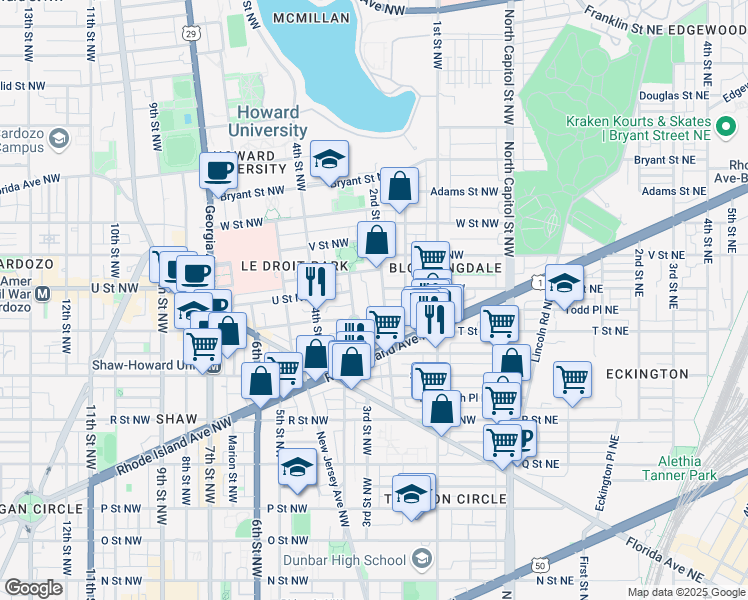 map of restaurants, bars, coffee shops, grocery stores, and more near 101 Independence Avenue Southeast in Washington