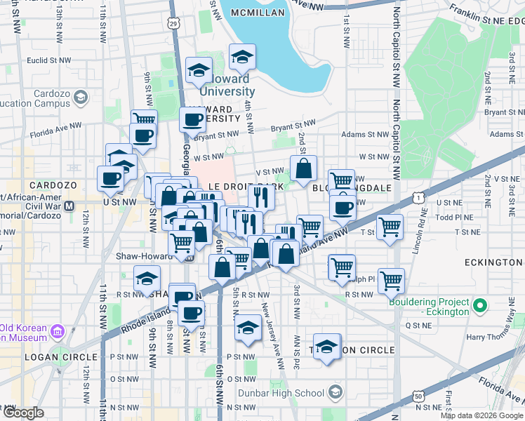 map of restaurants, bars, coffee shops, grocery stores, and more near 101 Independence Avenue Southeast in Washington