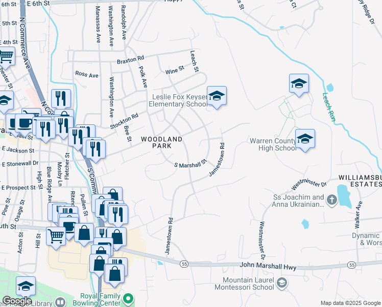 map of restaurants, bars, coffee shops, grocery stores, and more near 62 South Charles Street in Front Royal