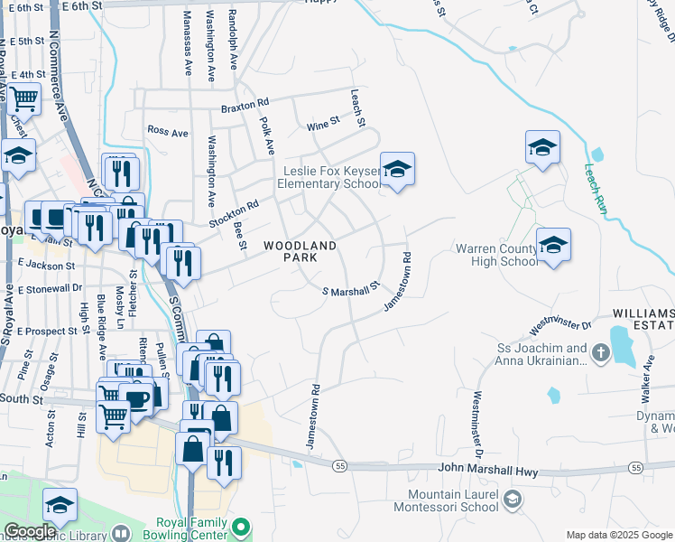 map of restaurants, bars, coffee shops, grocery stores, and more near 59 South Charles Street in Front Royal