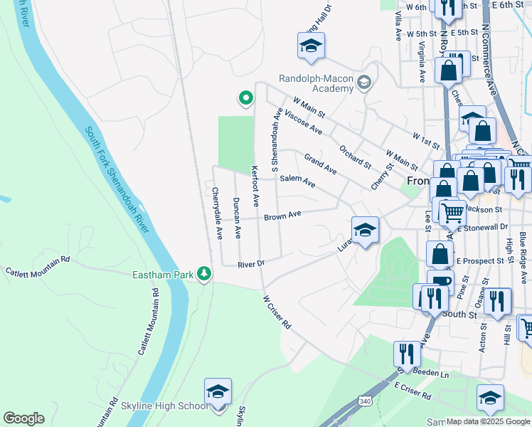 map of restaurants, bars, coffee shops, grocery stores, and more near 563 Brown Avenue in Front Royal